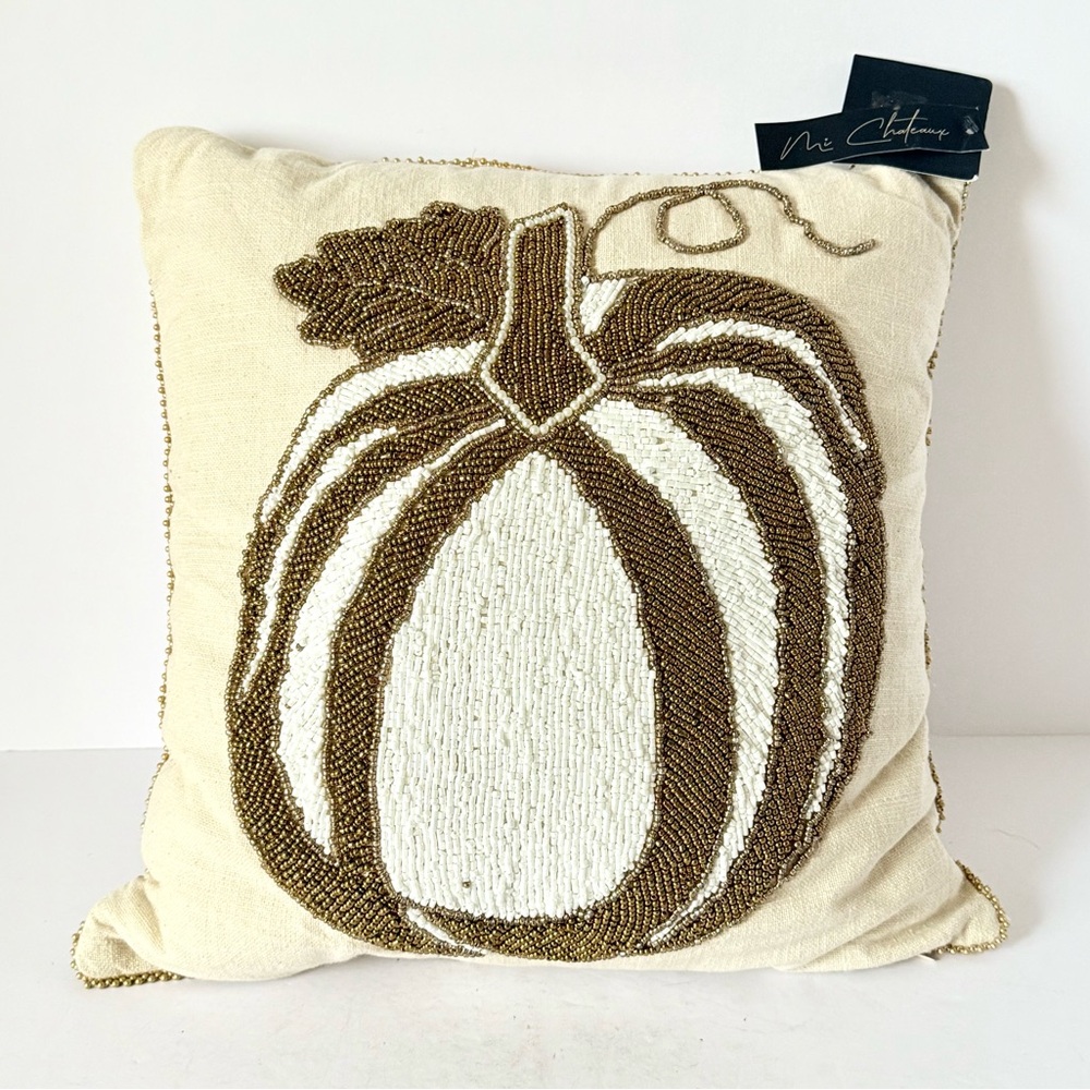NWT Mi Chateaux Beaded Pumpkin Decorative Throw Pillow –15” Square